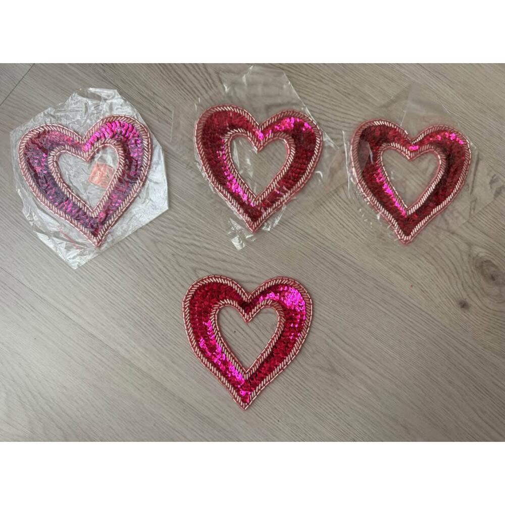 New Magenta Pink Sequin Beaded Cut Out Heart Appliqué Patch 4.5” - Lot of 4